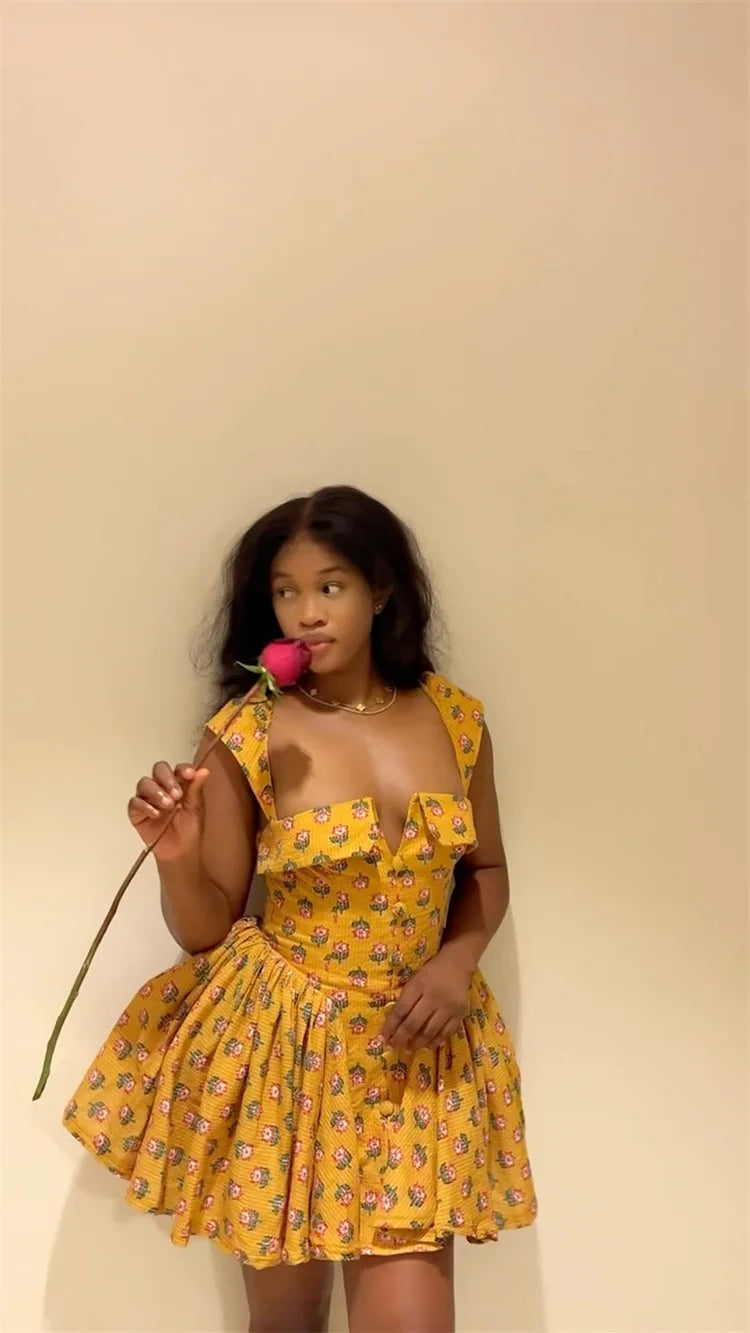 Floral Printed A-Line Low Cut Mini Dress