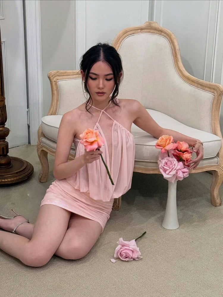 Halter Mesh Ruched Mini Dress