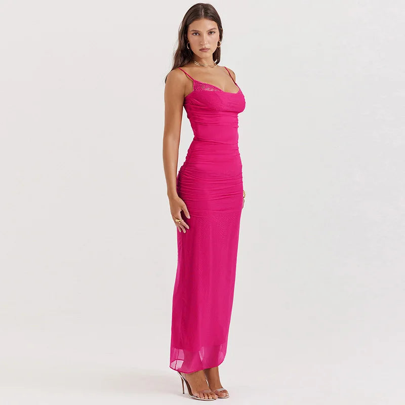 Mesh Pink Ruched Bodycon Strap Midi Dress