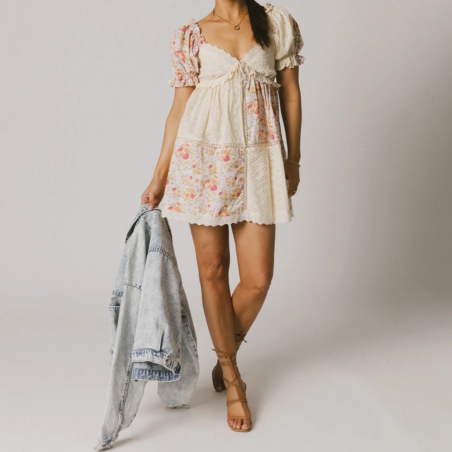 Floral Print Bow Tie Front Puff Sleeve Babydoll Mini Dress