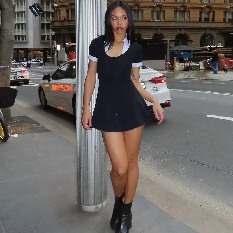 Knit Buttoned Collar Short Sleeve Mini Dress