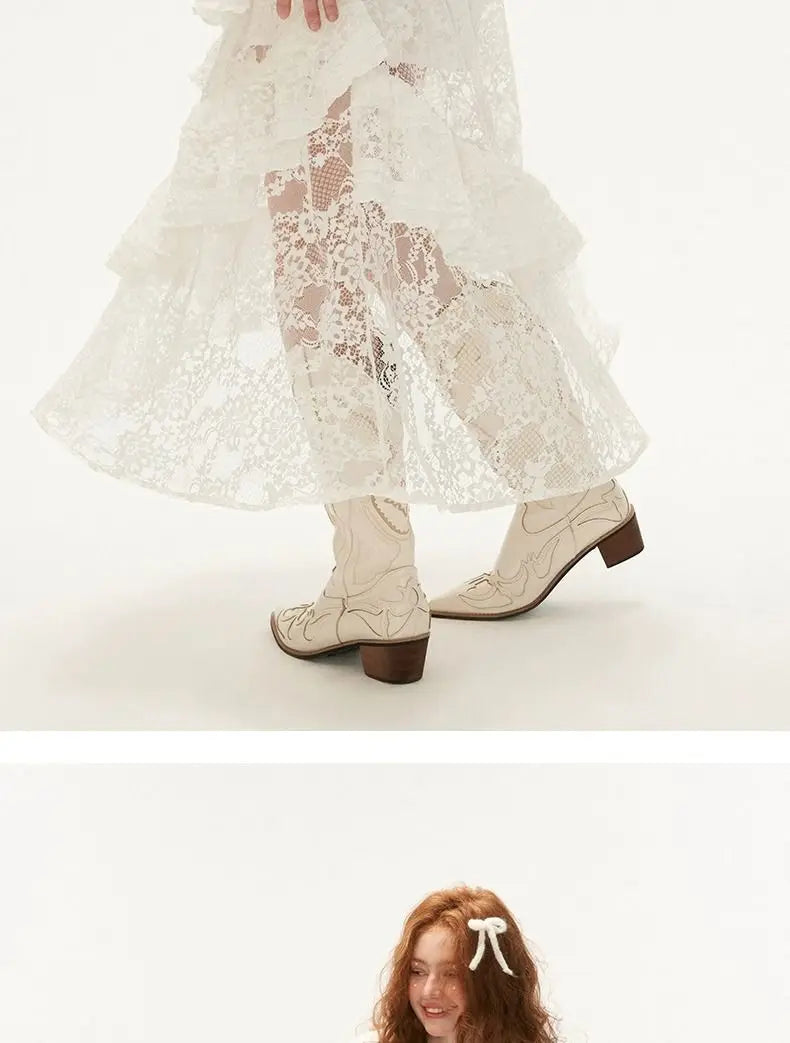 White Lace Layer Tulle Midi Skirt