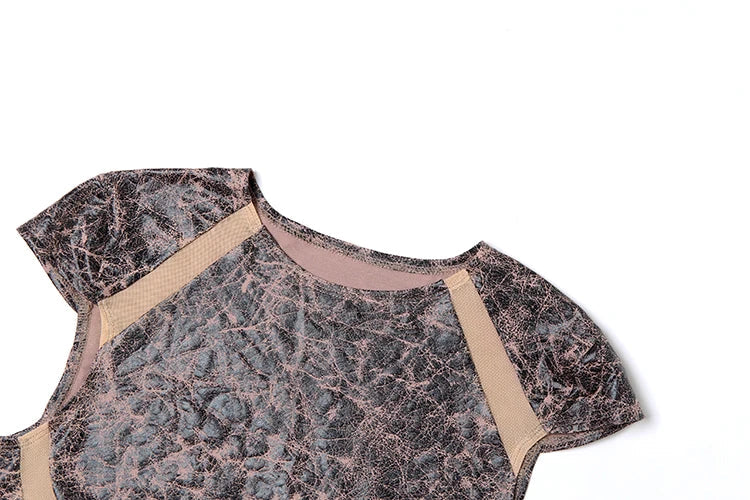 Pu Printed Patchwork Short Sleeve O-neck Top