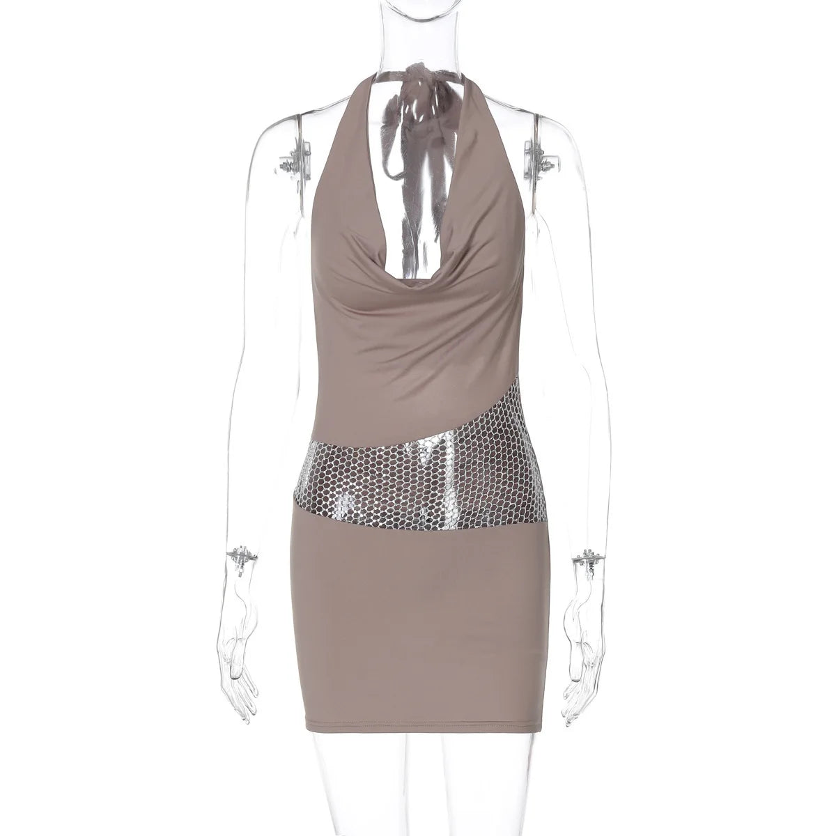 Halter Deep Neck Sequin Mesh Patchwork Mini Dress