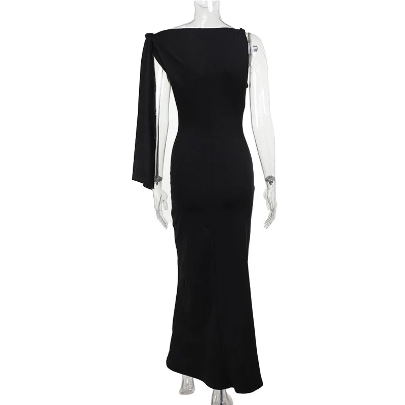 One Shoulder Tie-Up Long Dress - Fit & Flare Knit