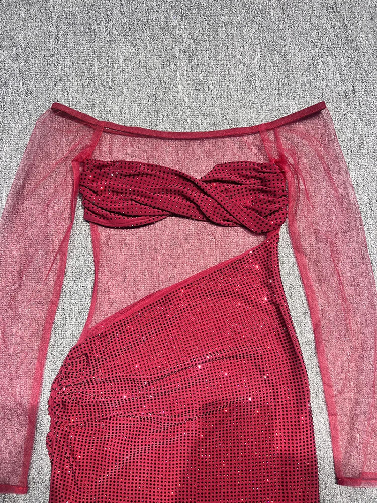 Rhinestone Slash Neck Long Sleeve Patchwork Maxi Dress