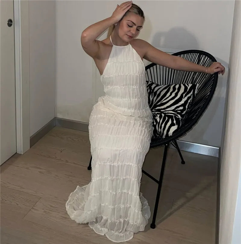 Halter Textured Open Back Maxi Dress