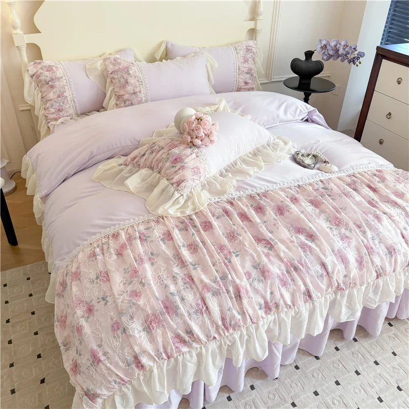 Princess Style Duvet Cover Sets with Lace Embroidery Bed Cover for Girls  Queen/King Size 이불커버 Soft Pink Bedding with Ruffles