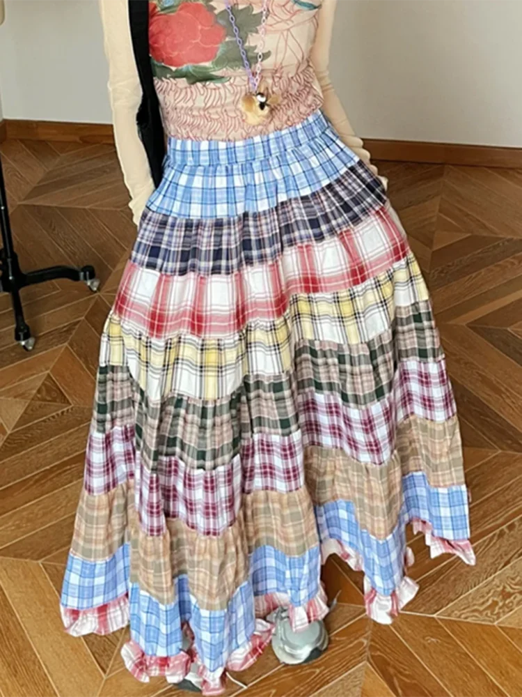 Plaid Patchwork Ruffles Maxi Skirt - Bohemian A-Line