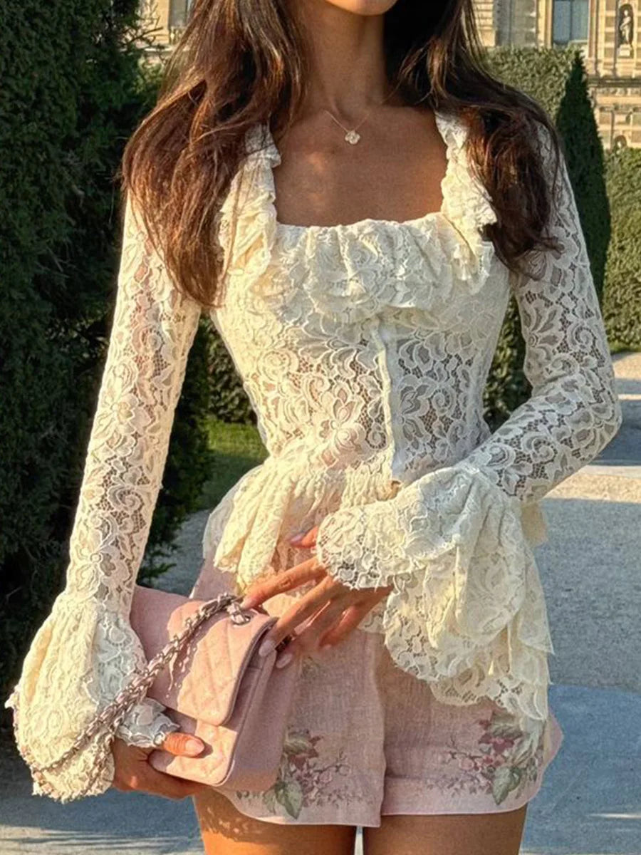 White Lace Ruffle Sleeve Top