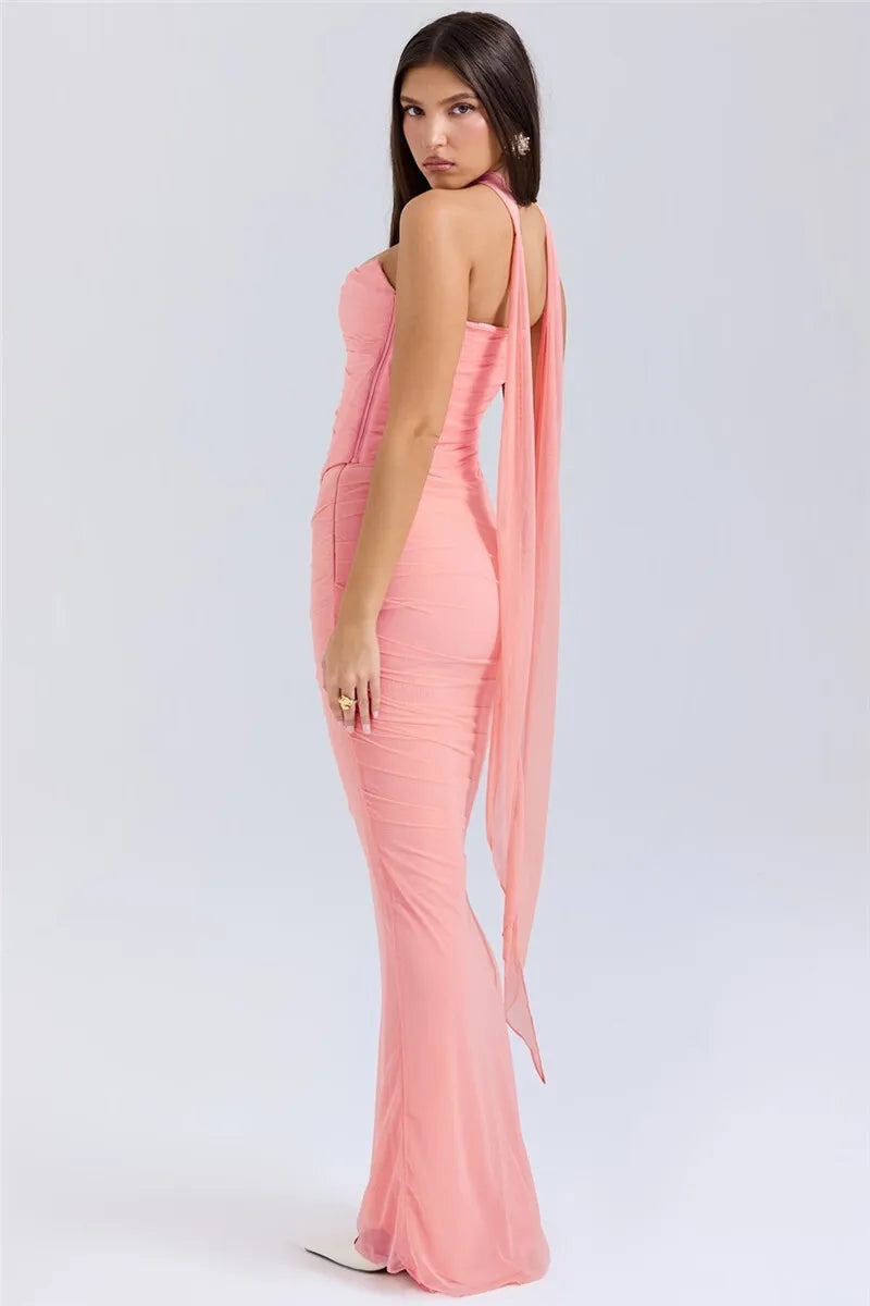 Solid Ruched Corset Top And Body-con Maxi Dress With Scarf Set