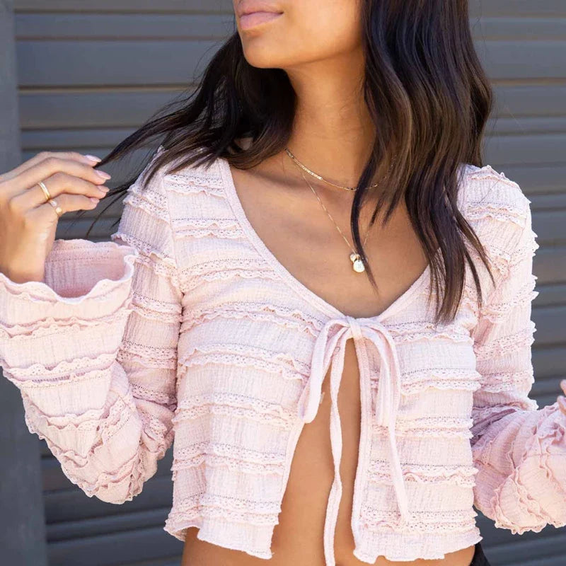 Slit Front Tie Up Textured Long Sleeve Top