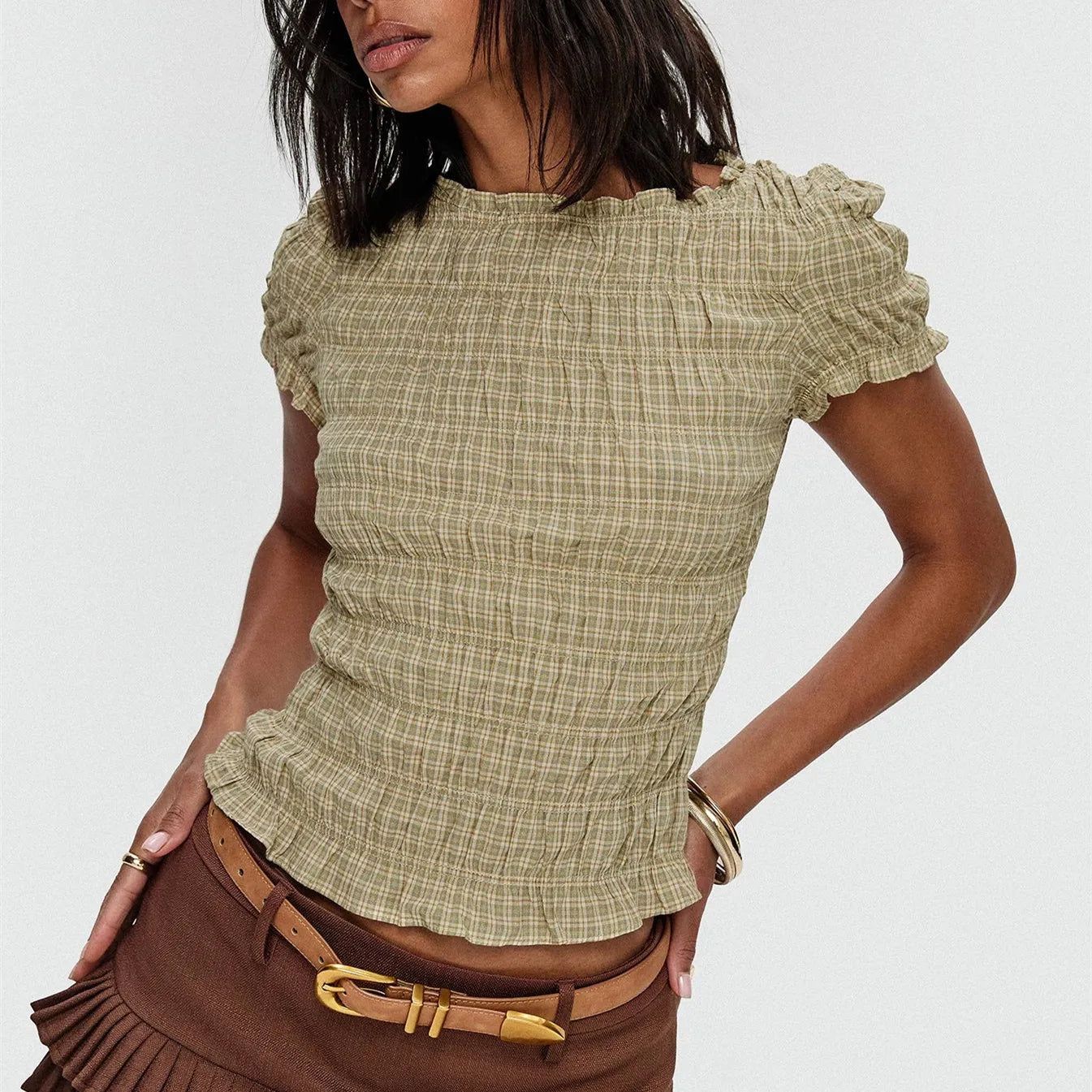 Smocked Short Sleeve Top - V-Neck Casual Tee
