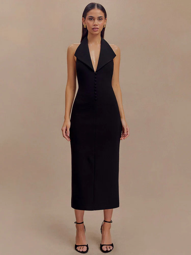 Deep Neck Large Collar Buttoned Halter Midi Dress
