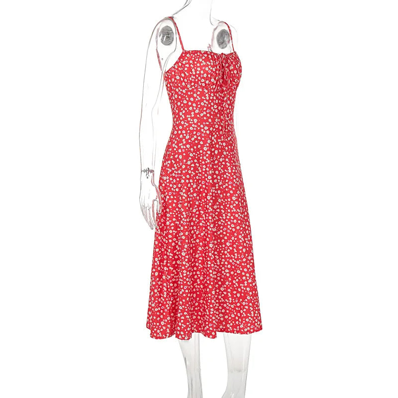 Red Floral Print Strap Split Midi Dress