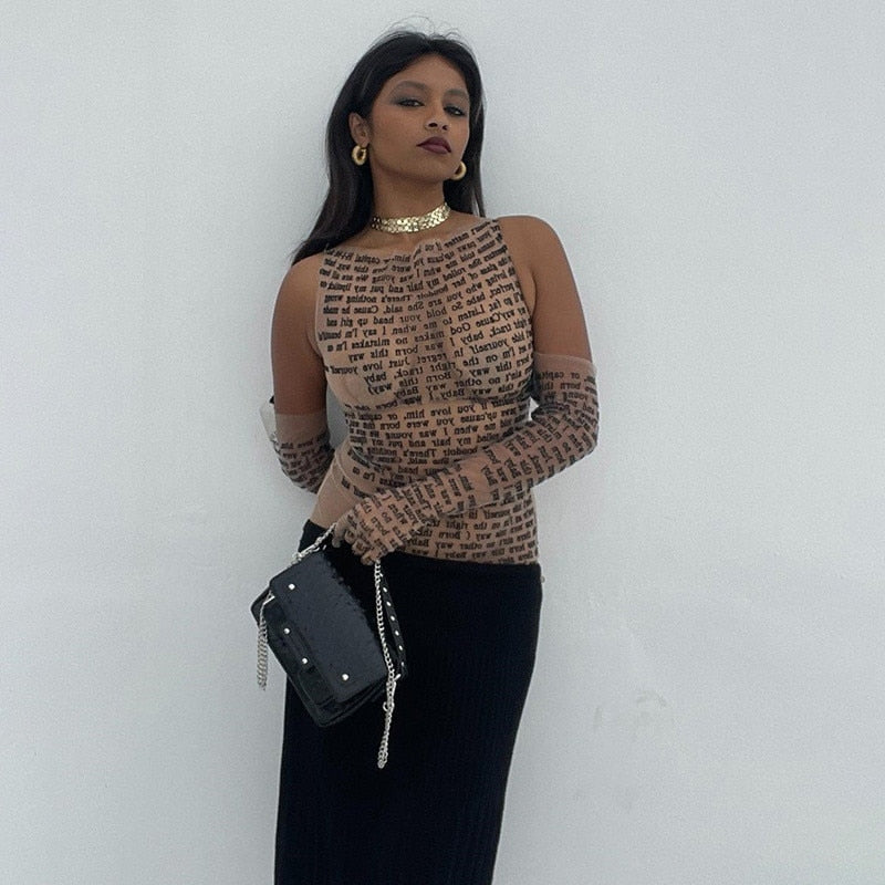Mesh Letter Print Sleeveless Top With Gloves