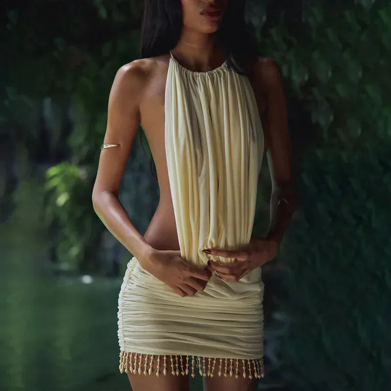 White Backless Tassel Halter Slit Mini Dress