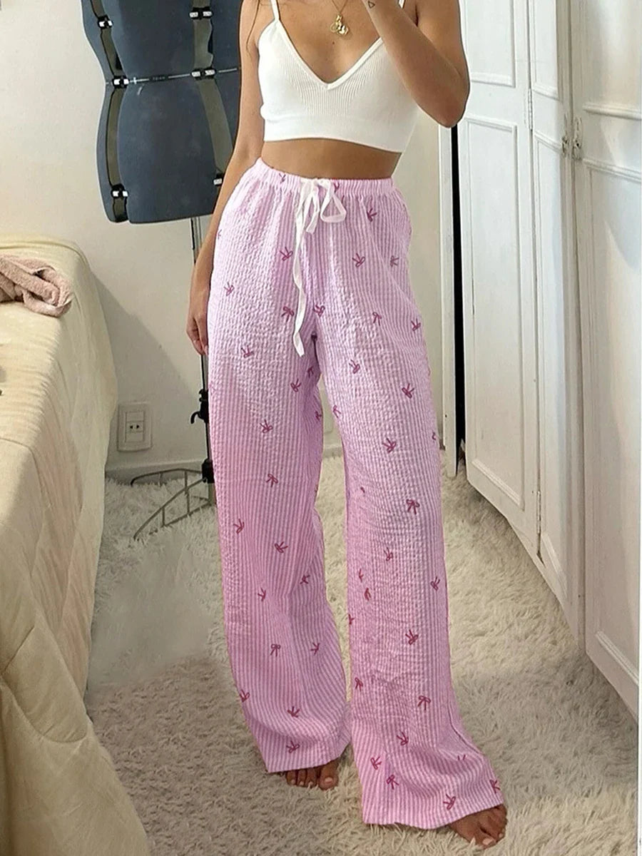 Chic High-Waist Striped Lounge Pants - Elastic Drawstring Detail