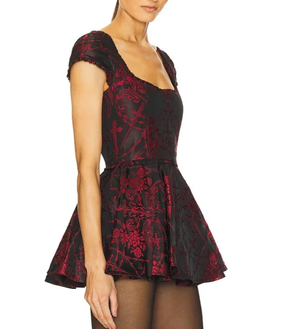 Floral Printed Square Collar Short Sleeve Mini Dress