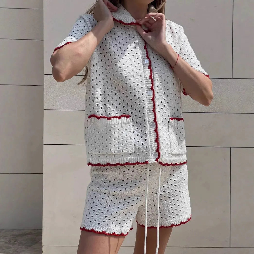 White Knitted Short Sleeve Top And Shorts Set