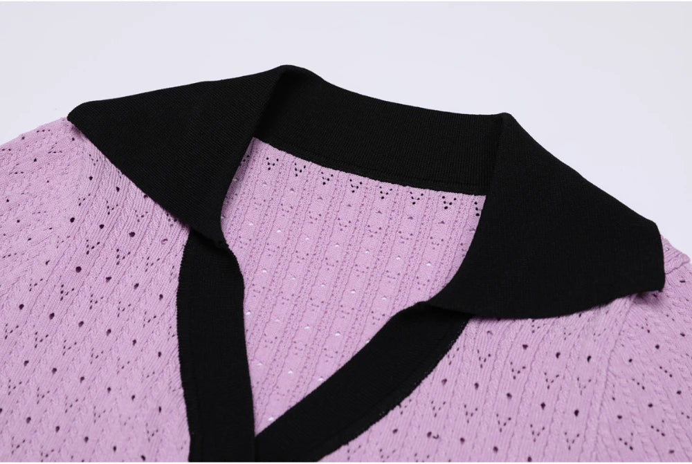 Contrast Trim Button Knit Collar Mini Dress