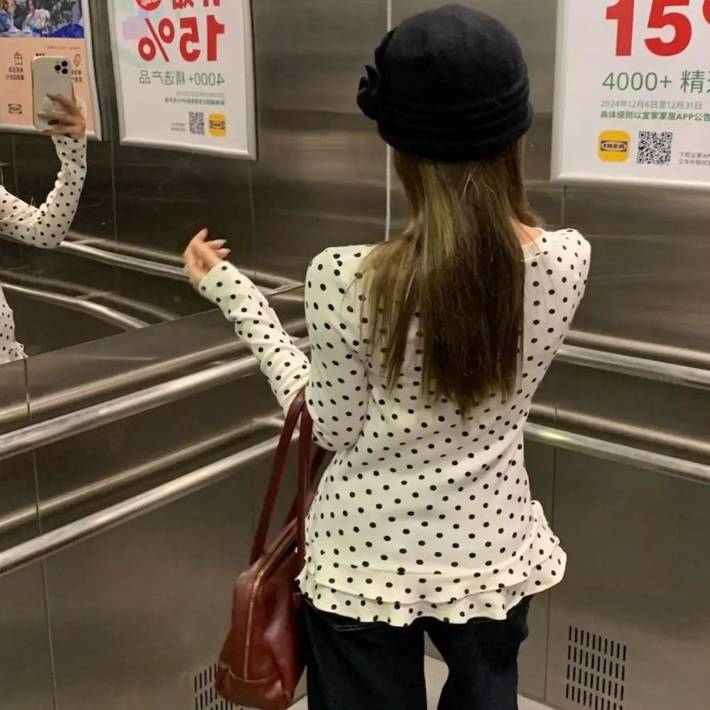 Polka Dot Ruffle Trim Long Sleeve T-Shirt