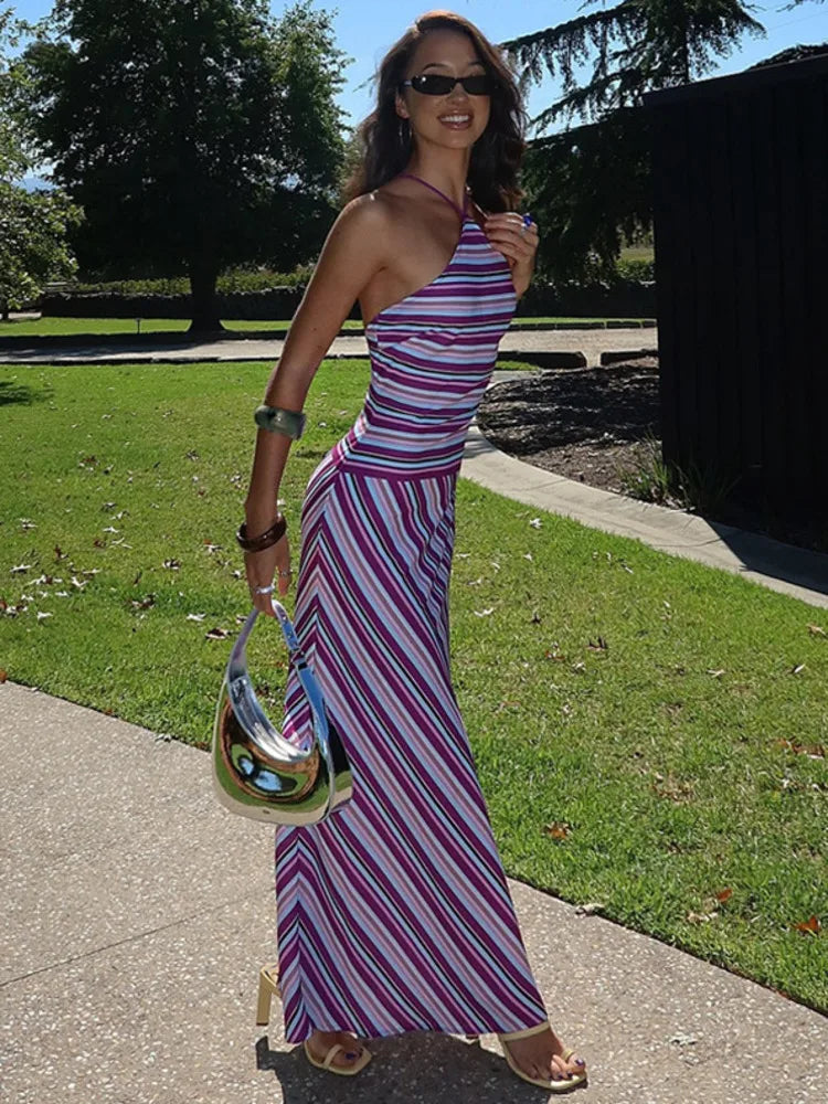 Purple Striped Halter Print Maxi Dress