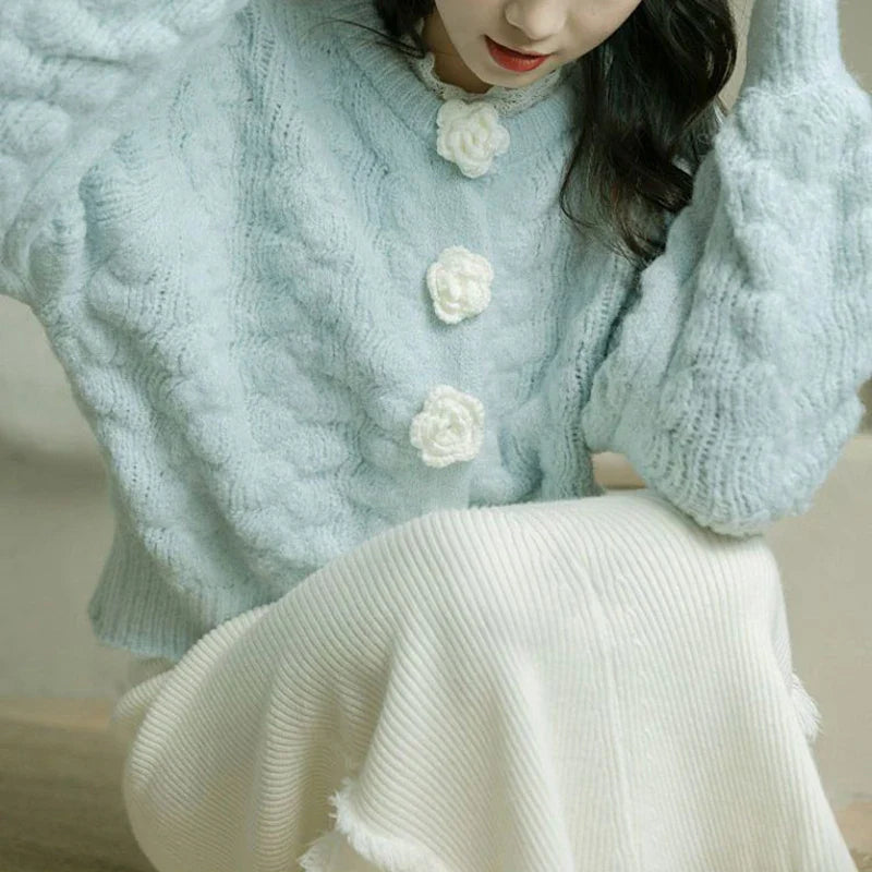 Blue Knitted Rose Buttoned Cardigan