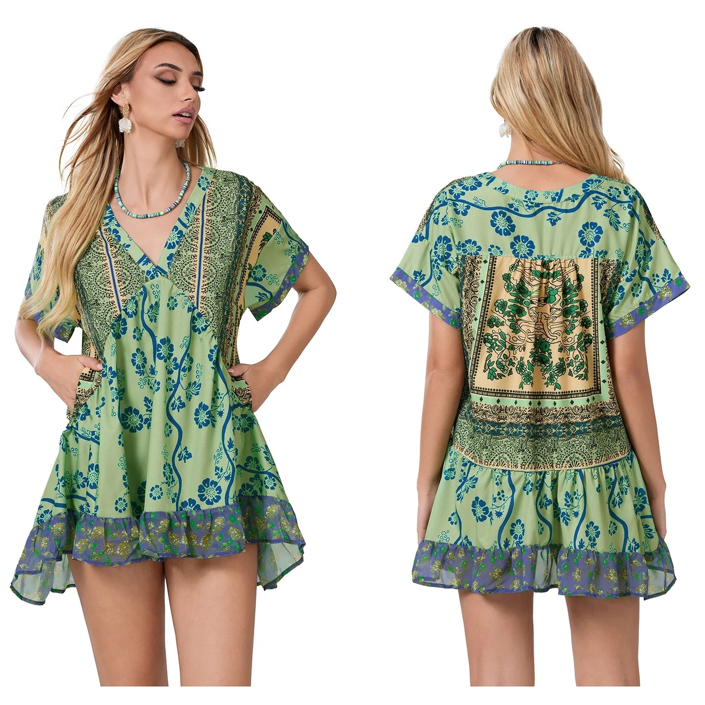 Floral Print Short Sleeve V-Neck Ruffled Hem Loose Mini Dress with Pockets
