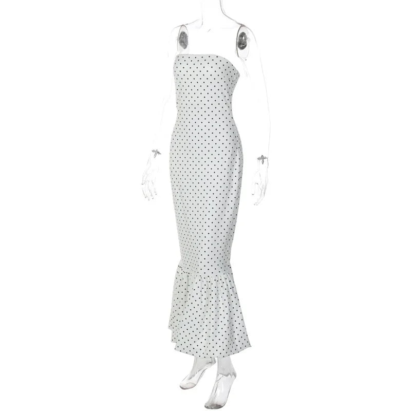 Polka Dot Strapless Tiered Hem Midi Dress