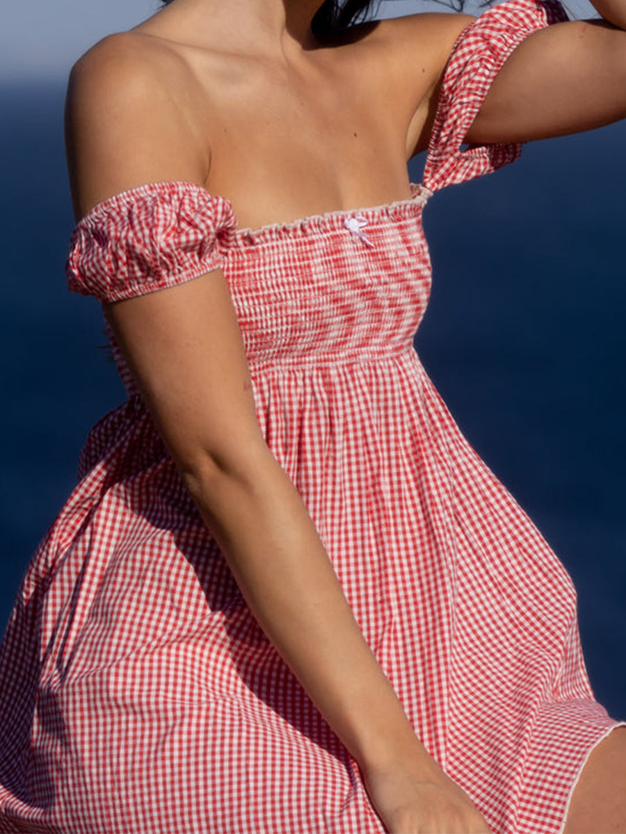 Plaid Off-shoulder Ruched Babydoll Mini Dress