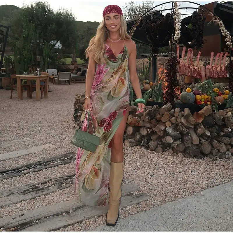 Printed Embroidered Cami Maxi Dress â€?Halter Neck Style