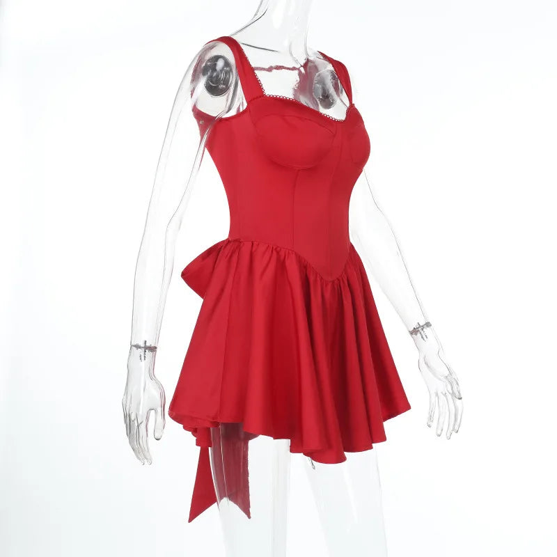 Red Back Lace Up Bow Mini Dress