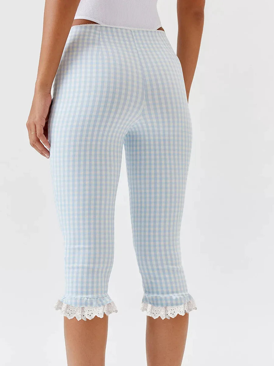 Plaid Lace Trim Capri Leggings