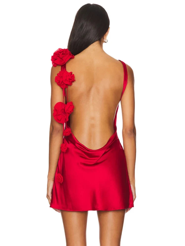 Flower Strap Backless Satin Mini Dress