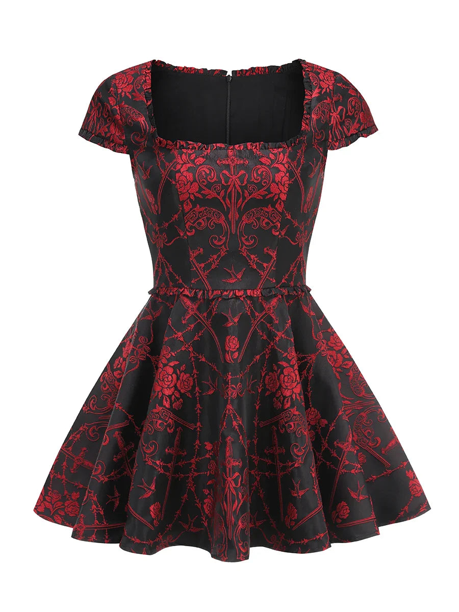 Floral Printed Square Collar Short Sleeve Mini Dress