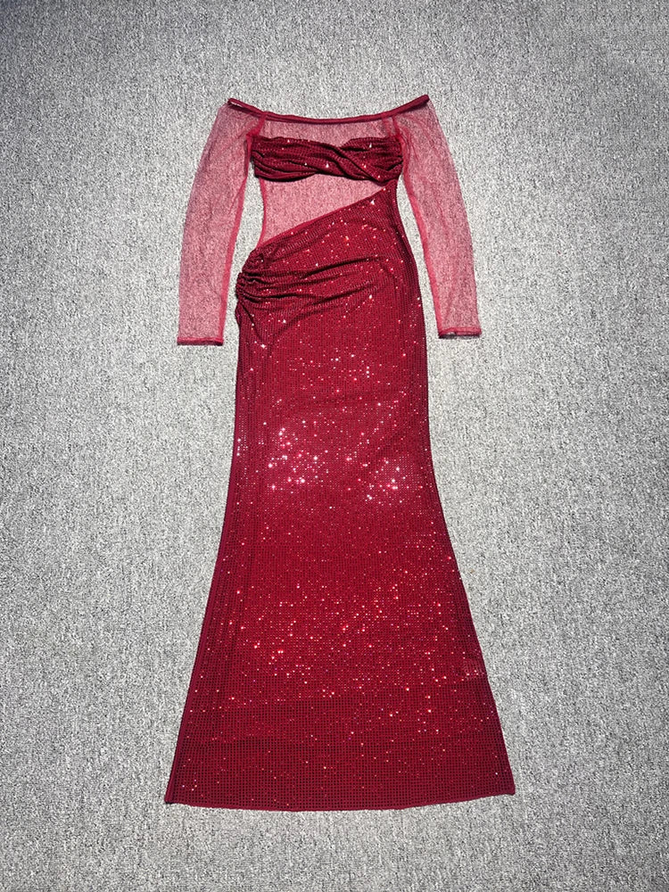 Rhinestone Slash Neck Long Sleeve Patchwork Maxi Dress