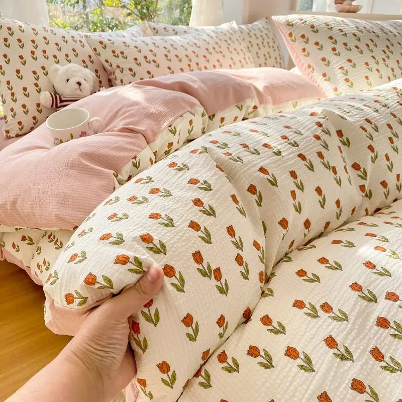 Pink Floral Duvet Cover Set Flowers Sheet Pillowcase Soft Cover No Filling Warm Bed Linen Twin Full Queen Size Home Bedding Set
