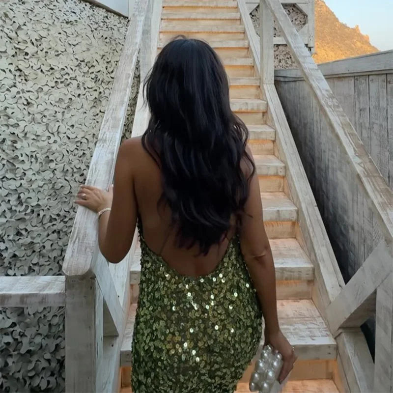 Green Sequin Backless Sling Maxi Dress