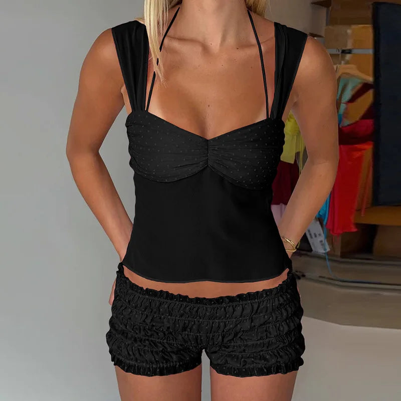 Sheer Top And Ruffles Shorts Set