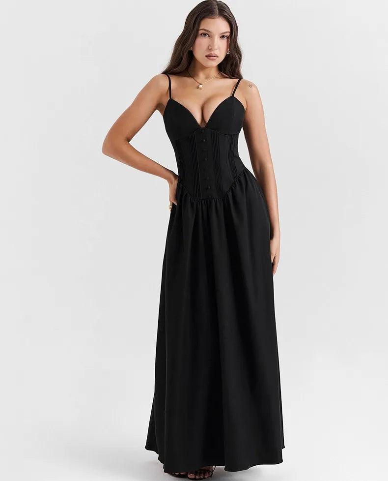 Black Buttoned  V-Neck Spaghetti Strap Maxi Dress