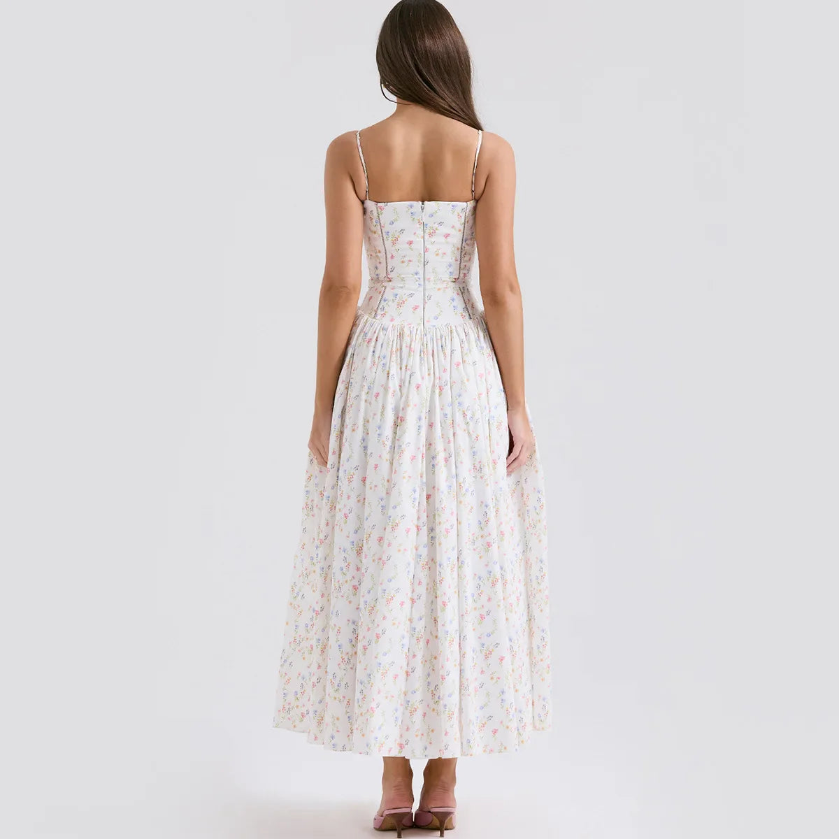 Strap Floral Printed Straight Neck Midi Dress