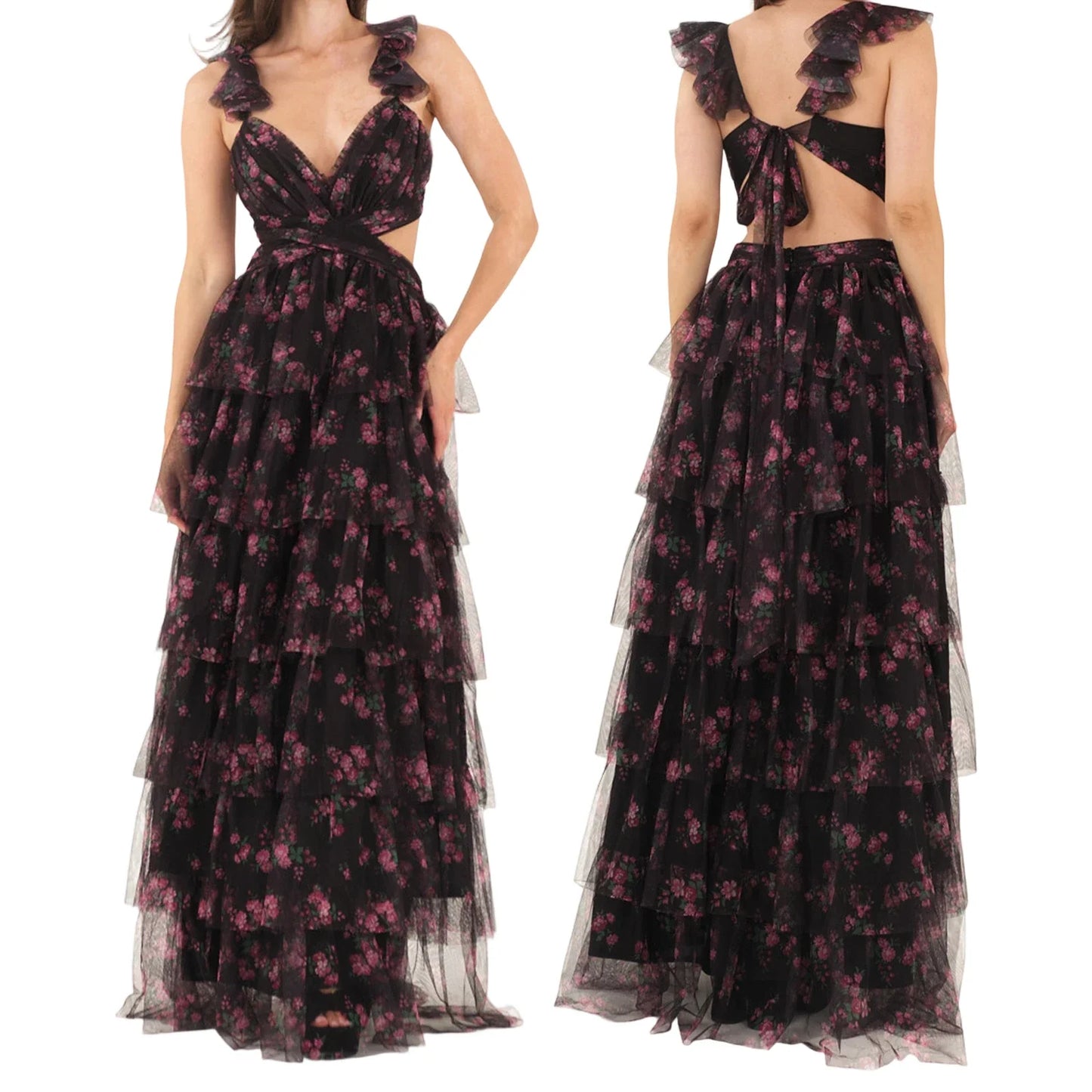 Floral Tiered Ruffles Maxi Dress - V-Neck A-Line
