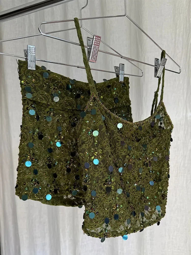 Sequins See Through Tank Top And Skirt Set