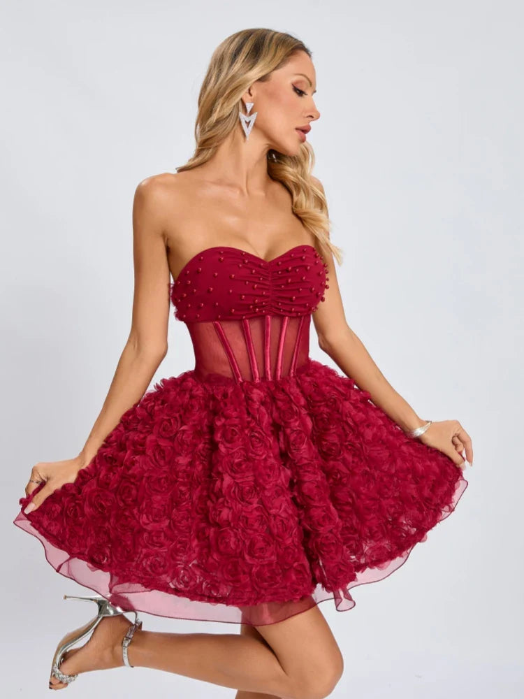 Red Mesh 3d Floral Frill Beaded Strapless Mini Dress