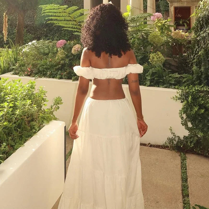 Flower Puff Sleeve Ruffles Crop Top And Maxi Skirt Set