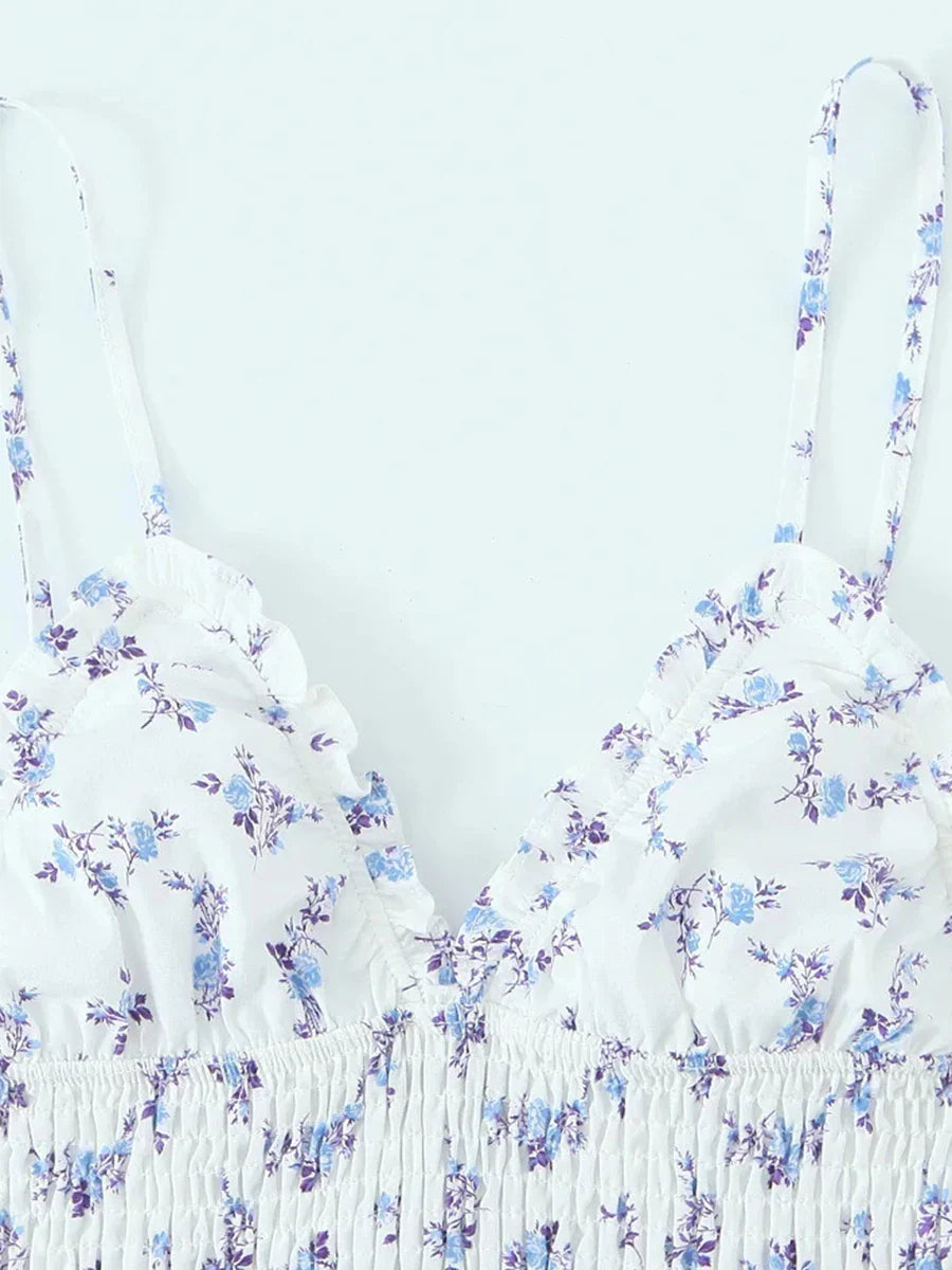 Printing Pleated V Neck Elastic Mini Dress