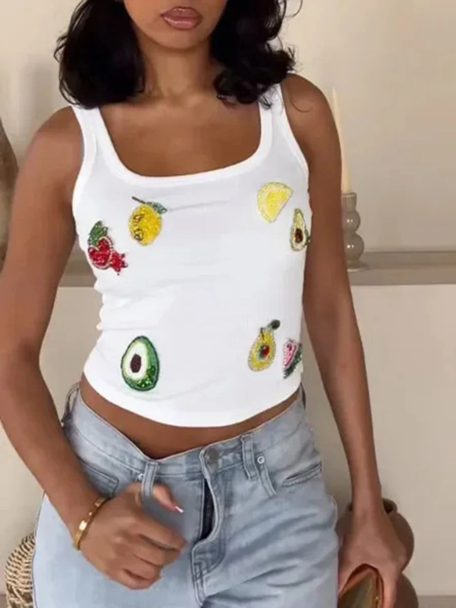 Patchwork Sequins White Tank Top