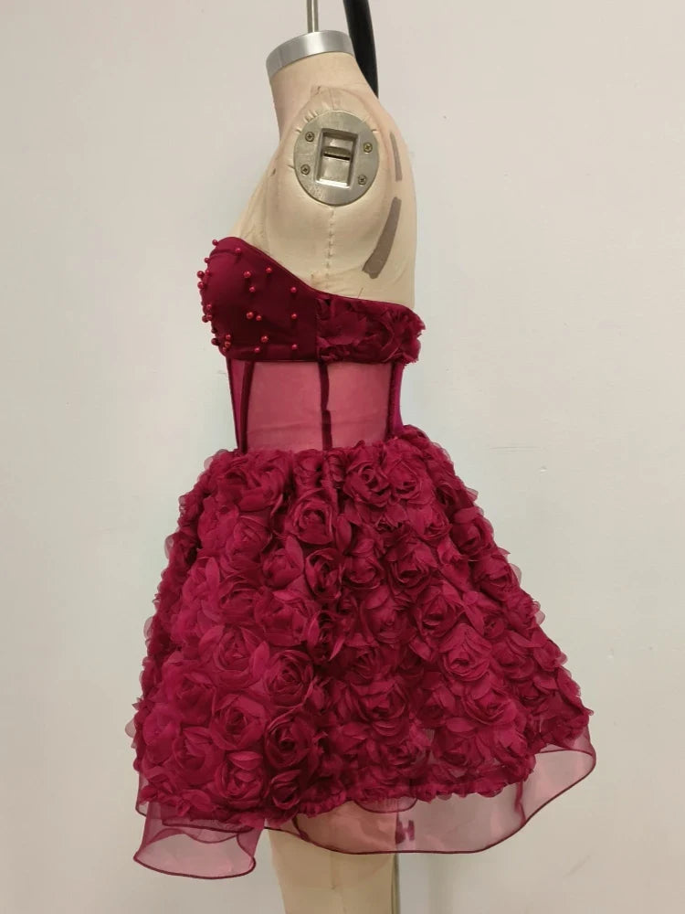 Red Mesh 3d Floral Frill Beaded Strapless Mini Dress