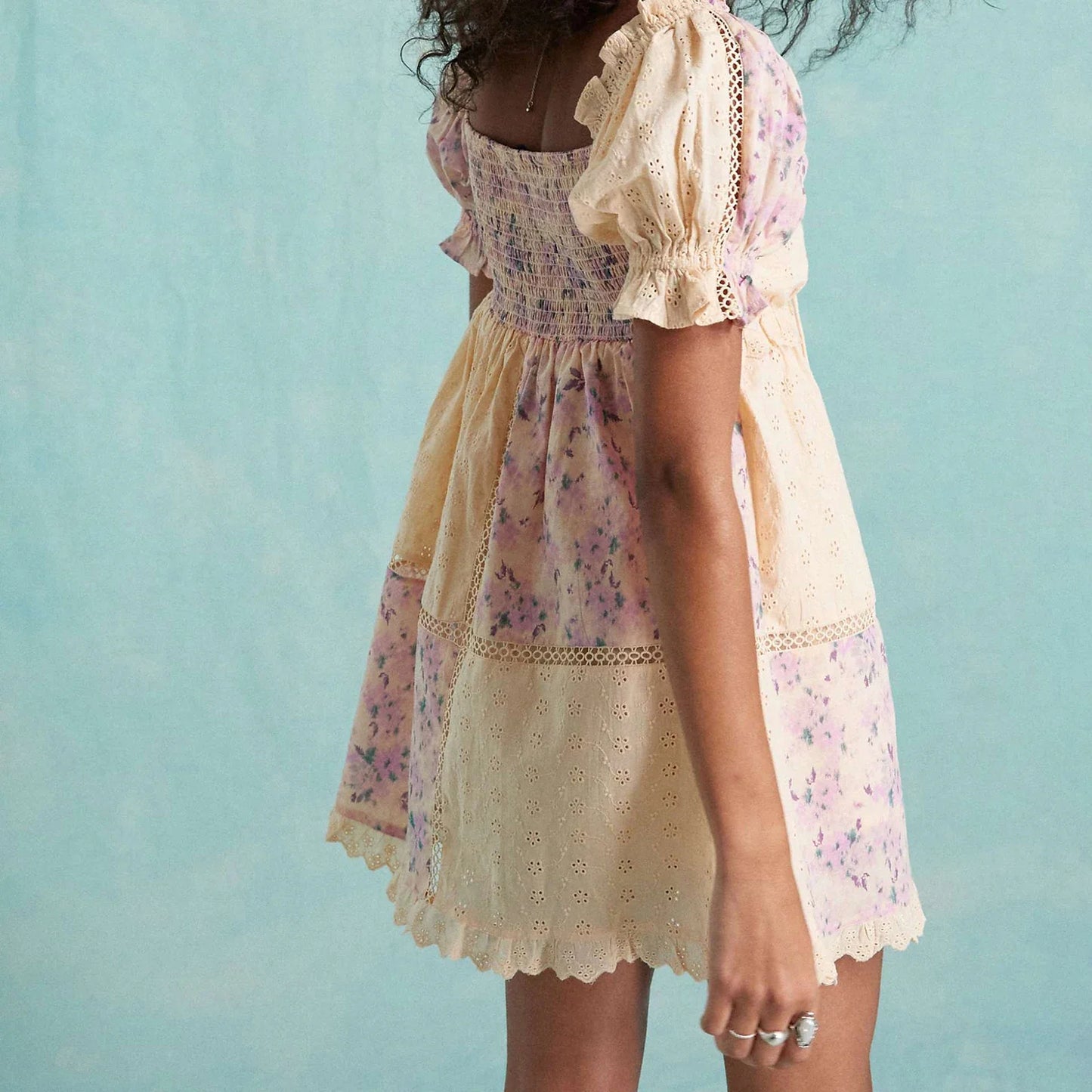 Floral Print Bow Tie Front Puff Sleeve Babydoll Mini Dress